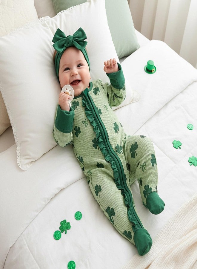 Ayalinggo St Patricks Day Baby Girl Outfit Infant Newborn Footie Waffle Knit Romper Zippers Ruffle Jumpsuit Shamrock Clothes (Green, Newborn) - Image 3