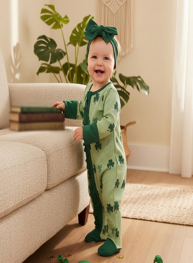 Ayalinggo St Patricks Day Baby Girl Outfit Infant Newborn Footie Waffle Knit Romper Zippers Ruffle Jumpsuit Shamrock Clothes (Green, Newborn) - Image 2