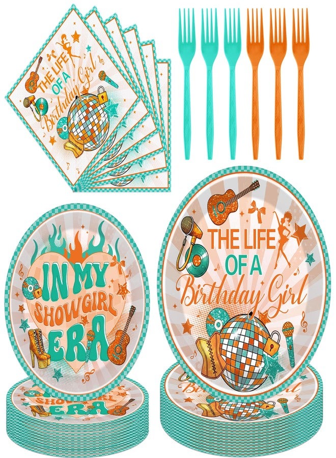 iPartyGo A Birthday Girl Decorations - 96 Pcs Orange and Green Disposable Paper Dessert Plates Napkins Forks Tableware Decor Set Music Themed Party Supplies Favors for Girls Fans Serves 24 Guests - Image 1