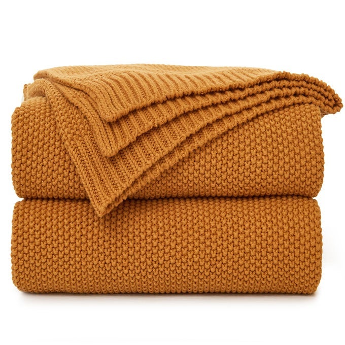 BURNT ORANGE COTTON CABLE KNIT THROW BLANKET FOR COUCH SOFA CHAIR BED HOME DECORATIVE 25 POUNDS 50 X 60 INCH WOVEN THROW BLANKETS WITH BONUS LAUNDERING BAG