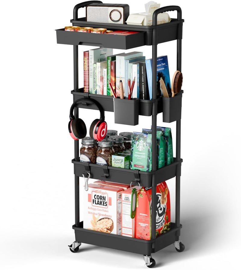 Sorgion 4 Tier Rolling Cart Organizer,Art Craft Diaper Bedside Snack Cart Laundry Room Bathroom Organizer Narrow Thin Slim Rolling Trolley Utility Cart with Wheels for Kitchen,Office(Black) - Image 1