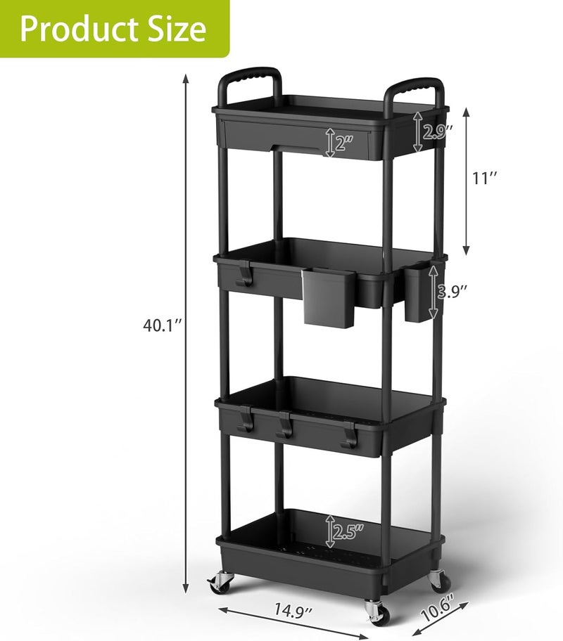 Sorgion 4 Tier Rolling Cart Organizer,Art Craft Diaper Bedside Snack Cart Laundry Room Bathroom Organizer Narrow Thin Slim Rolling Trolley Utility Cart with Wheels for Kitchen,Office(Black) - Image 3