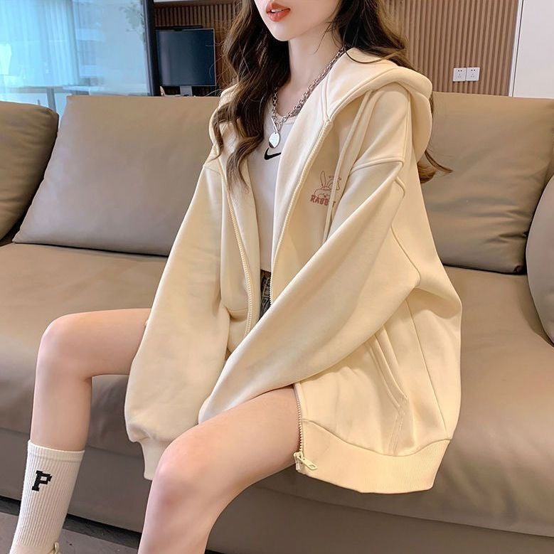 2023 Trendy Autumn Hoodie Oversized Womens Sweatshirt Apricot fleece-lined - Image 2