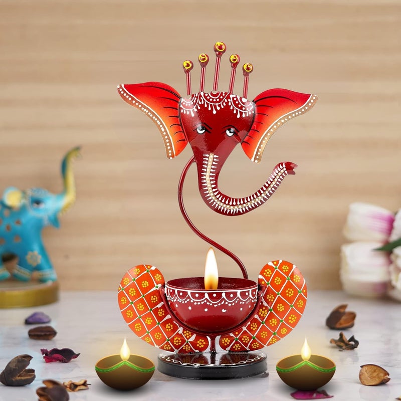 Handcrafted Ganeshji with Diya Tea Light Holder Pooja and showpiece for Home Decor Ganesha Oil Diya with Base Diyas for Puja Multicolored Ganesha Gifting Saffron