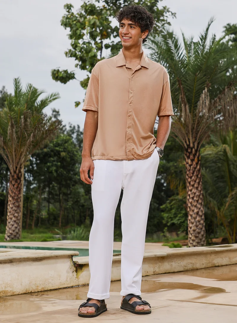 Campus Sutra Campus Sutra Men Satin Resort Oversized Shirt | Cuban Collar Short Regular Sleeves | Button Closure Straight Hem | Solid Plain | Woven Fabric For Casual & Daily Wear | Sand Beige