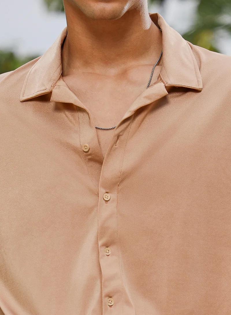 Campus Sutra Campus Sutra Men Satin Resort Oversized Shirt | Cuban Collar Short Regular Sleeves | Button Closure Straight Hem | Solid Plain | Woven Fabric For Casual & Daily Wear | Sand Beige