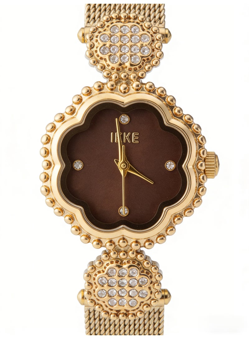 اياكي IEKE Best-Selling Gold Flower-Shaped Watch - Luxury Crystal-Accented Brown Dial Mesh Bracelet Women's Quartz Wristwatch (Trending Hot Item) - Image 3