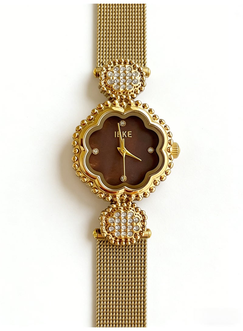 اياكي IEKE Best-Selling Gold Flower-Shaped Watch - Luxury Crystal-Accented Brown Dial Mesh Bracelet Women's Quartz Wristwatch (Trending Hot Item) - Image 2