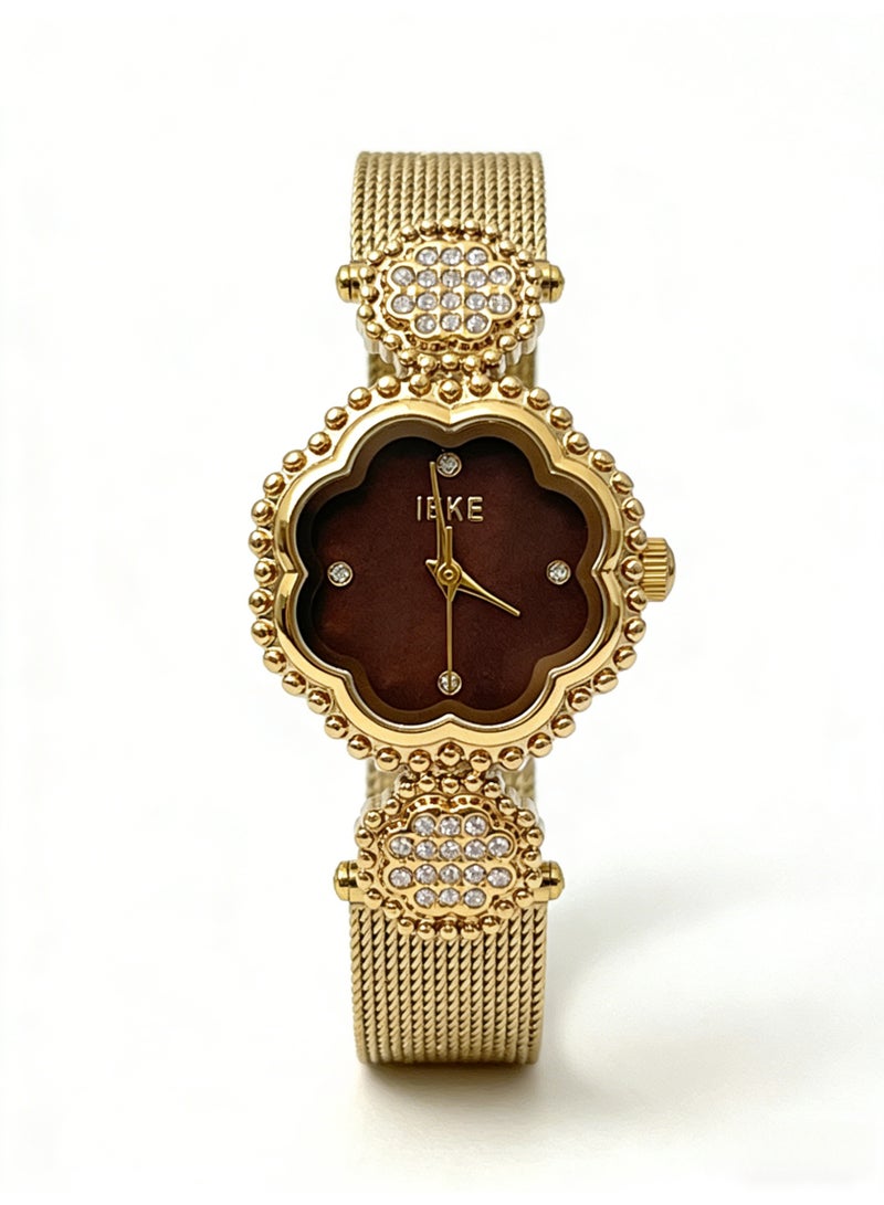 اياكي IEKE Best-Selling Gold Flower-Shaped Watch - Luxury Crystal-Accented Brown Dial Mesh Bracelet Women's Quartz Wristwatch (Trending Hot Item) - Image 1