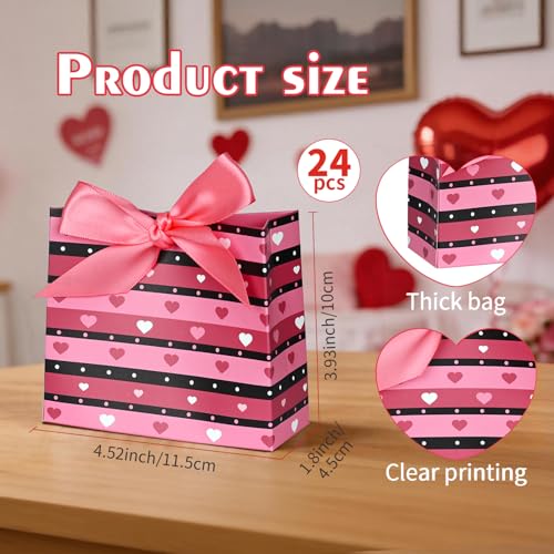 Nimbbex 24 Pack Small Valentines Gift Bags with Bow Ribbons, 4.5" X 1.8" X 3.9" Valentines Gift Bags, Mini Valentines Bags for Weddings, Holidays, Classroom, Valentine's Decorations Party Favors - Image 3