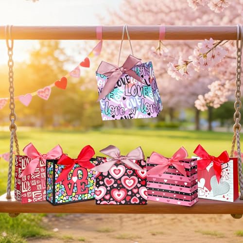 Nimbbex 24 Pack Small Valentines Gift Bags with Bow Ribbons, 4.5" X 1.8" X 3.9" Valentines Gift Bags, Mini Valentines Bags for Weddings, Holidays, Classroom, Valentine's Decorations Party Favors - Image 2