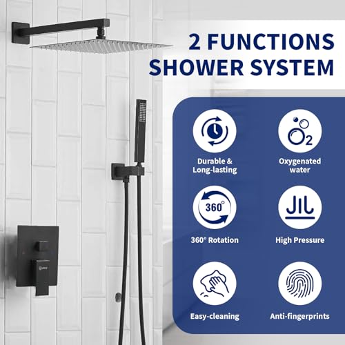 BWE Black Shower Faucet Set, 12 Inch Square Rain Shower Head and Handle Set Bathroom Shower System Sets Complete Combo 2-Functions Pressure Balancing Wall Mount Rainfall Shower Mixer Valve - Image 2