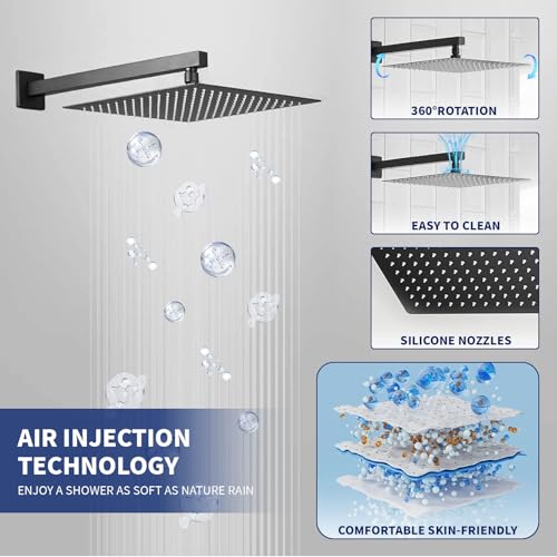 BWE Black Shower Faucet Set, 12 Inch Square Rain Shower Head and Handle Set Bathroom Shower System Sets Complete Combo 2-Functions Pressure Balancing Wall Mount Rainfall Shower Mixer Valve - Image 3