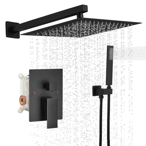 BWE Black Shower Faucet Set, 12 Inch Square Rain Shower Head and Handle Set Bathroom Shower System Sets Complete Combo 2-Functions Pressure Balancing Wall Mount Rainfall Shower Mixer Valve - Image 1