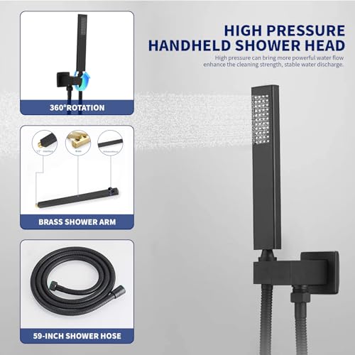 BWE Black Shower Faucet Set, 12 Inch Square Rain Shower Head and Handle Set Bathroom Shower System Sets Complete Combo 2-Functions Pressure Balancing Wall Mount Rainfall Shower Mixer Valve - Image 4