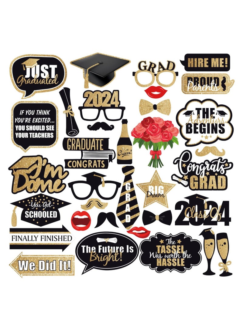 Glitter Graduation Photo Booth Props 2024 - Pack of 34 | Black and Gold Graduation Props 2024 for Photoshoot, Graduation Photo Props 2024 | Graduation Decorations Class of 2024, Little DIY