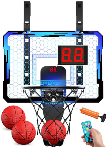 QDRAGON Indoor Basketball Hoop for Kids Over The Door Mini Basketball Hoops with 7 LED Lighting Basketball Toys Gifts for 5 6 7 8 9 10 11 12 Year Old Boys Girls Teens Blue - Image 1