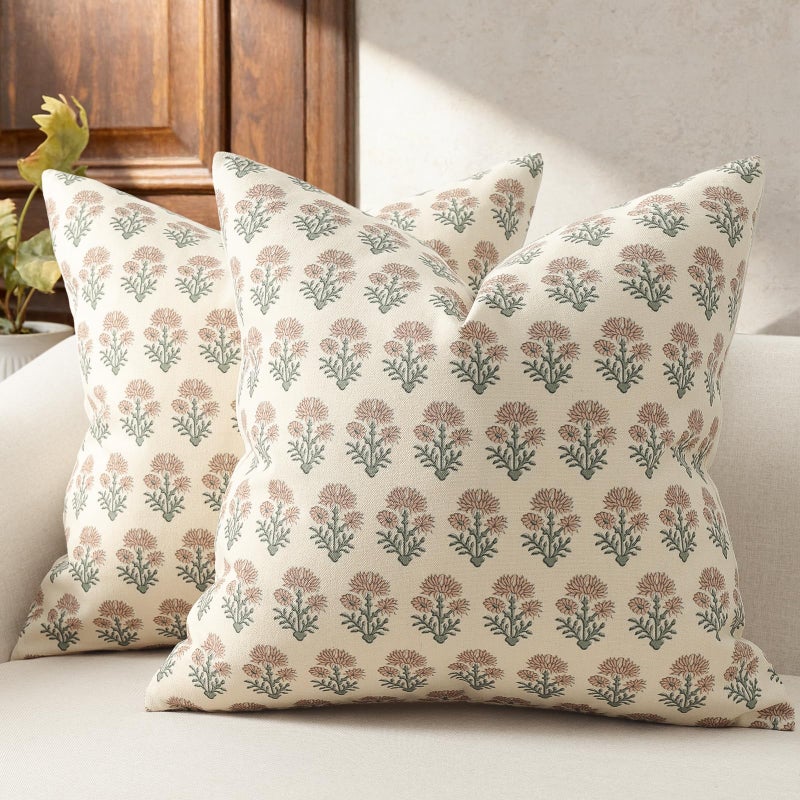 DKwizme Farmhouse Floral Pillow Covers 18x18 Set of 2 Country Botanical Throw Pillow Cover for Sofa Couch Bed Living Room Rustic Vintage Flower Cushion Covers Cottage Home DecorBlush Sage - Image 2