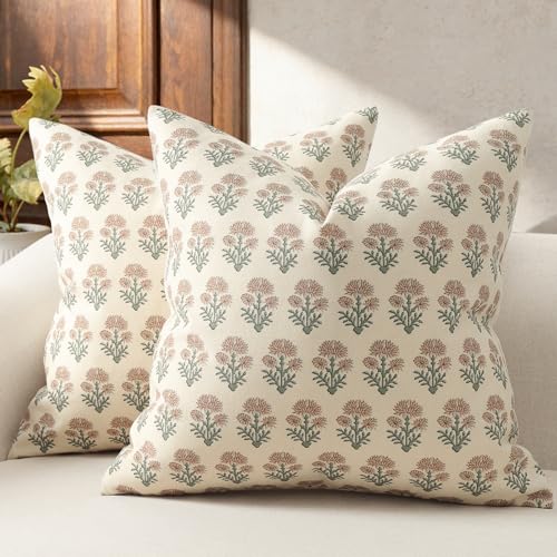 DKwizme Farmhouse Floral Pillow Covers 18x18 Set of 2 Country Botanical Throw Pillow Cover for Sofa Couch Bed Living Room Rustic Vintage Flower Cushion Covers Cottage Home DecorBlush Sage - Image 1