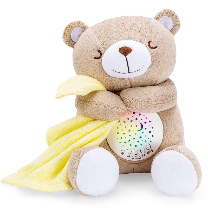 BEREST Rechargeable Baby Sleep Soother Bear Nursery Decor Night Light Projector Moms Heartbeat Cry Sensor Lullabies White Noise Sound Machine Toddler Crib Sleeping Aid Toys for Shower Gifts