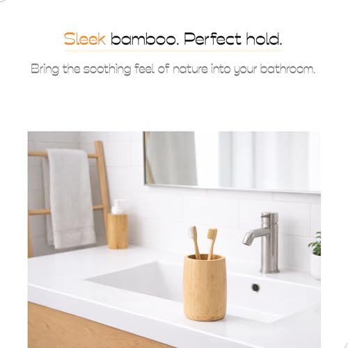ABBI NIMO Natural Bamboo Toothbrush Holder, Simple Minimal Cylindrical Tumbler for Bathroom Countertop, Unbreakable Makeup Brush or Pen Organizer, Desktop Accessory - Image 2