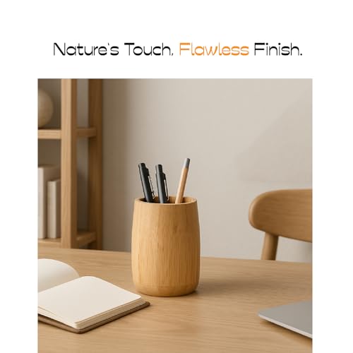 ABBI NIMO Natural Bamboo Toothbrush Holder, Simple Minimal Cylindrical Tumbler for Bathroom Countertop, Unbreakable Makeup Brush or Pen Organizer, Desktop Accessory - Image 5