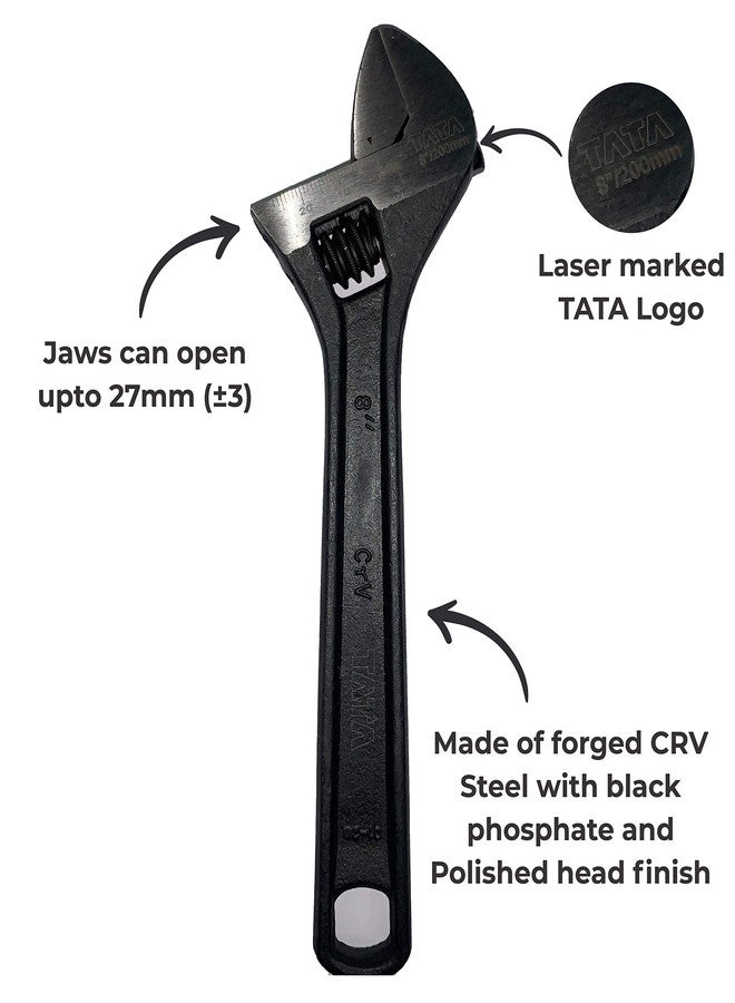 AGRICO TATA Adjustable Spanner Easy Wrench & Spanner, Ideal Plumbing Tools, Adjustable Wrench for All Nut Sizes, Rust-Proof Black Phosphate Coating, Lasered Scale, Universal (8inch/200mm - Pack of 1) - Image 2
