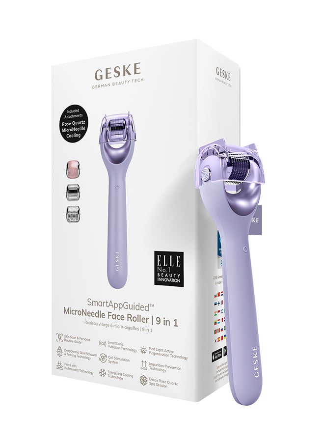 GESKE SmartAppGuided Microneedle Face Roller, 9 in 1, with Rose Quartz, Microneedling, Professional Micro Needling Device, Needle Roller, Beauty Roller Face, Micro Needling Roller, Purple  - Image 1