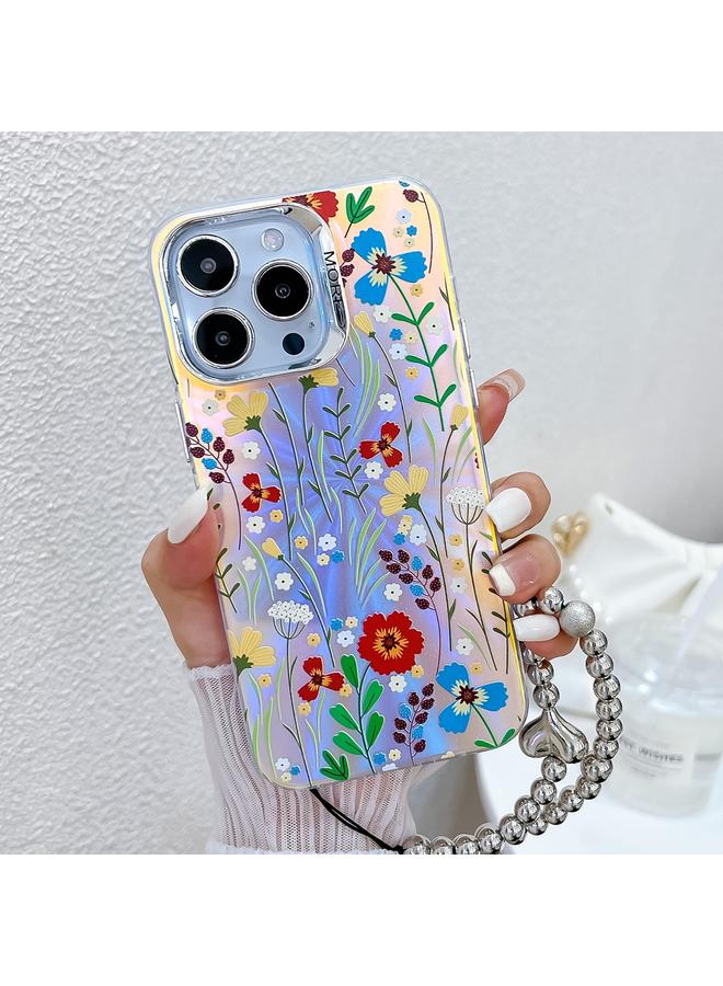 اس-توب جراب لهاتف iPhone 16 Pro Max مطلي بالكهرباء على شكل زهرة ليزر مع حزام معصم - Image 1