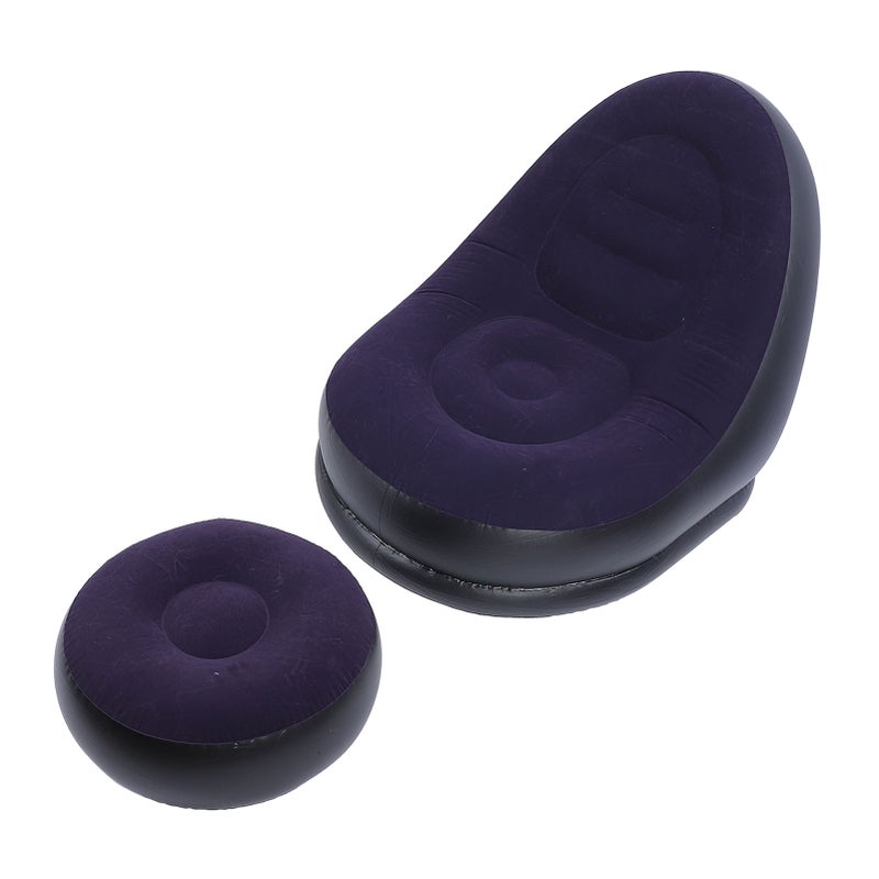 أريكة مقعد قابلة للانفخار أنيقة وبسيطة وناعمة من القماش المُغلف بالملمس مع كرسي قدم للغرفة المعيشة والمناطق الخارجية والسفر والتخييم والمناسبات الخارجية - لون أزرق داكن - Image 1