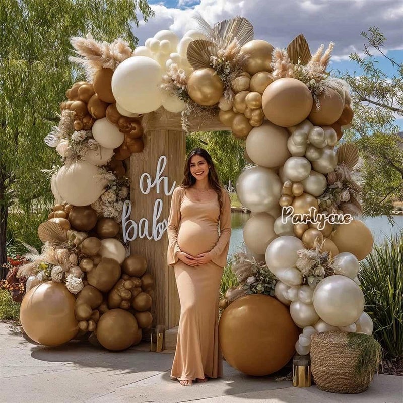 Partycus Brown Balloon Garland Arch Kit Double Stuffed, Pearl White Sand Tan Coffee Beige Apricot Ivory Gold Neutral Balloon for Boho Baby Shower Birthday Wedding Bear Party Decoration - Image 2