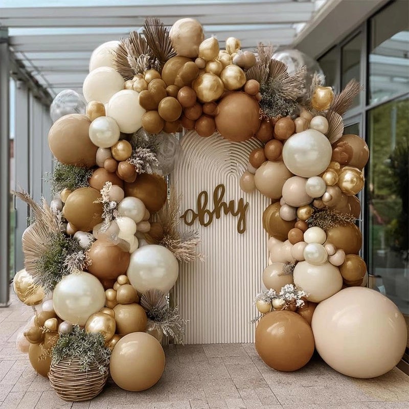 Partycus Brown Balloon Garland Arch Kit Double Stuffed, Pearl White Sand Tan Coffee Beige Apricot Ivory Gold Neutral Balloon for Boho Baby Shower Birthday Wedding Bear Party Decoration - Image 1