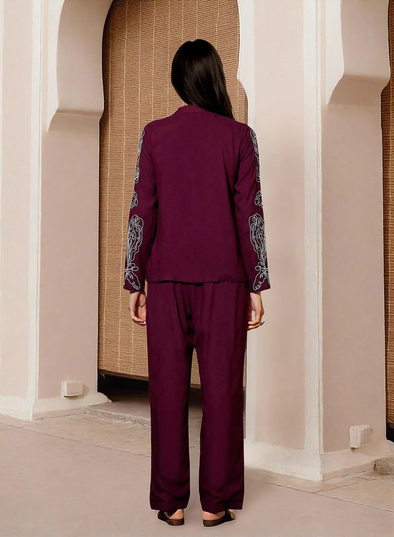 ISHIN Women's Maroon Rayon Printed Tunic Full Length Palazzo Straight Fit Co-Ords
