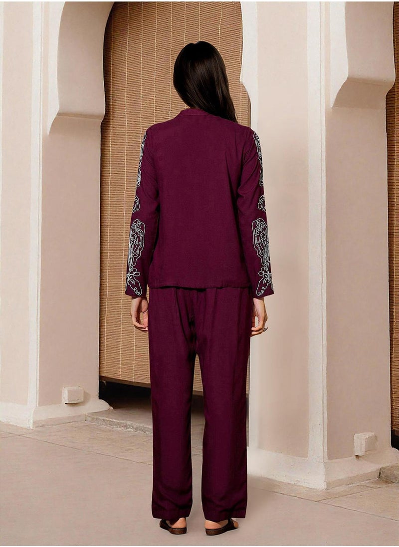ISHIN Women's Maroon Rayon Printed Tunic Full Length Palazzo Straight Fit Co-Ords  - Image 5