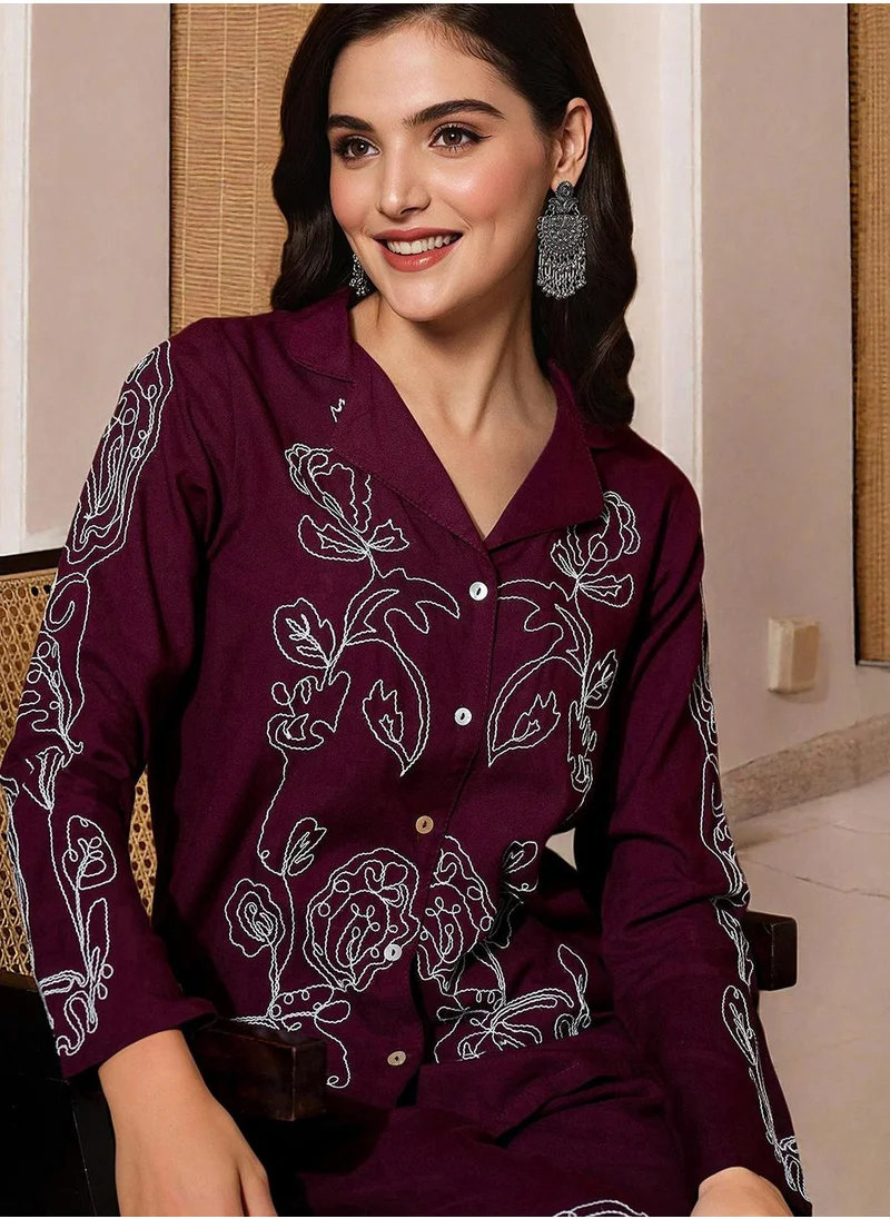 آي شين Women's Maroon Rayon Printed Tunic Full Length Palazzo Straight Fit Co-Ords
