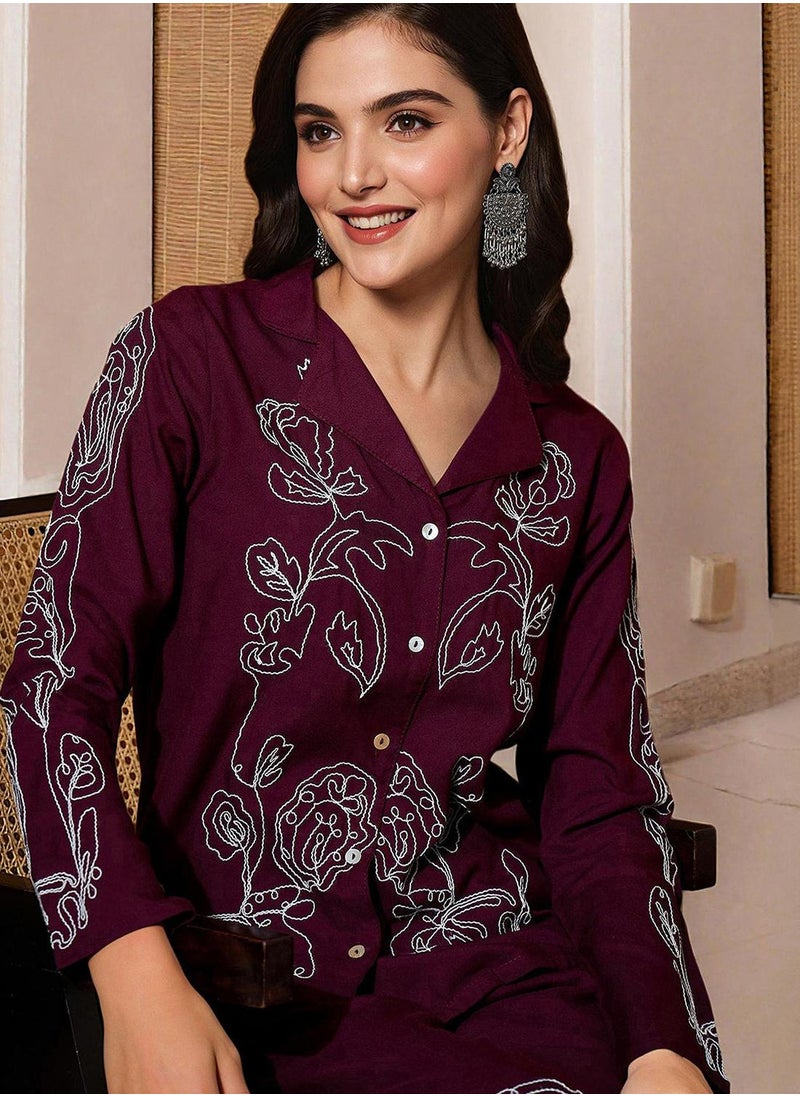 ISHIN Women's Maroon Rayon Printed Tunic Full Length Palazzo Straight Fit Co-Ords  - Image 2
