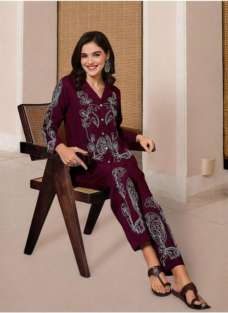 آي شين Women's Maroon Rayon Printed Tunic Full Length Palazzo Straight Fit Co-Ords