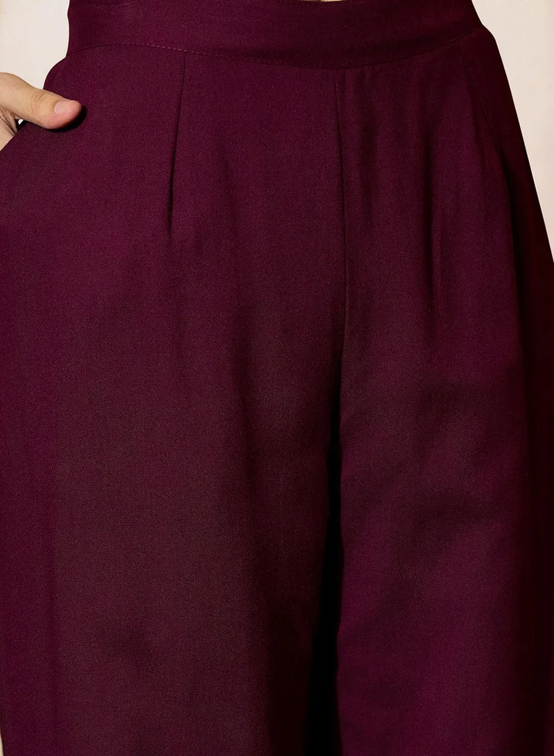 ISHIN Women's Maroon Rayon Printed Tunic Full Length Palazzo Straight Fit Co-Ords