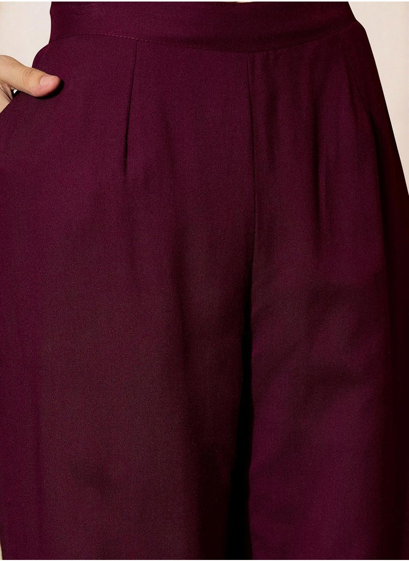 ISHIN Women's Maroon Rayon Printed Tunic Full Length Palazzo Straight Fit Co-Ords  - Image 3
