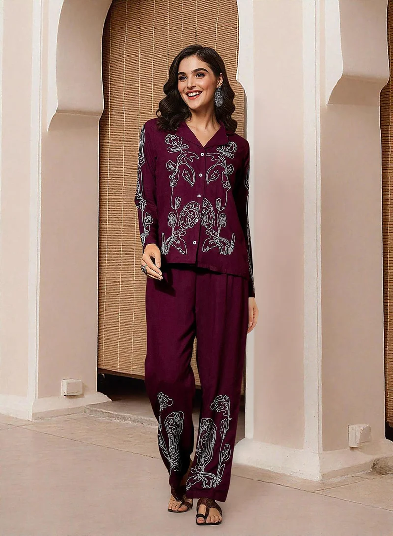 ISHIN Women's Maroon Rayon Printed Tunic Full Length Palazzo Straight Fit Co-Ords