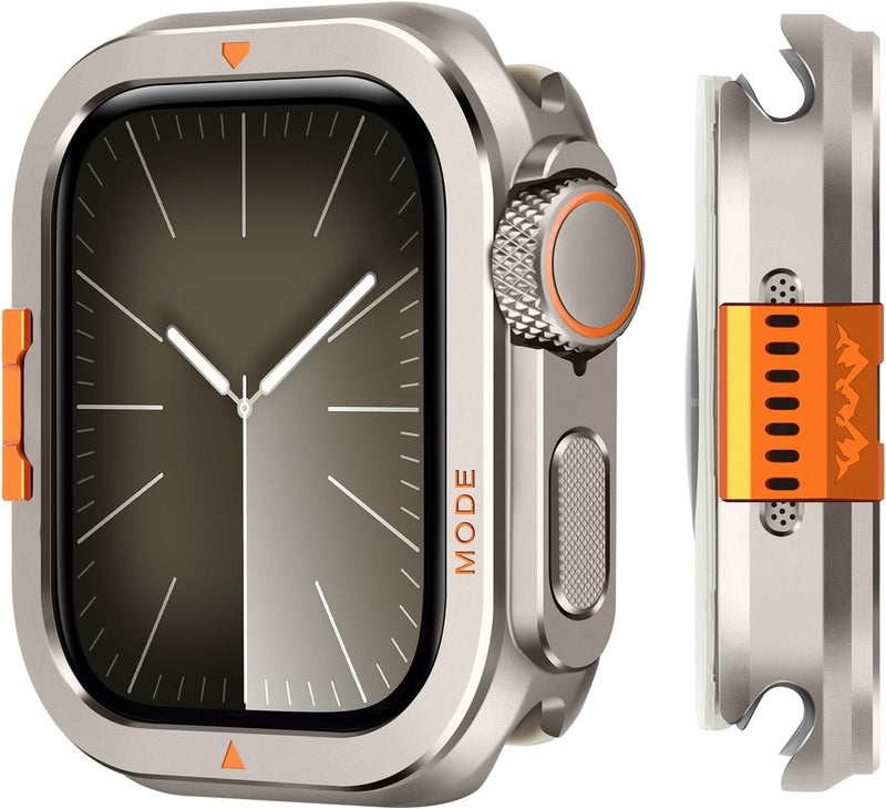 Suphart Metal Bumper Cover Compatible with Apple Watch Series 9/8/7 Case, [Turn 45mm into Ultra Look] Rugged Shockproof Protector with Back Frame for iWatch 45mm, Titanium One piece build - Image 1