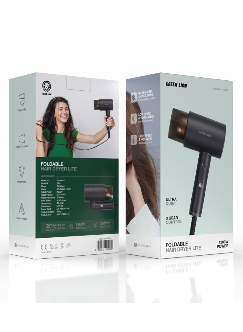 GREEN LION Foldable Hair Dryer Lite 1200W / Foldable Handle/Hot & Cool Wind / Drying & Styling/Overheat Protection / Ultra Quiet / Compact / Lightweight / Travel Friendly - Black - Image 3