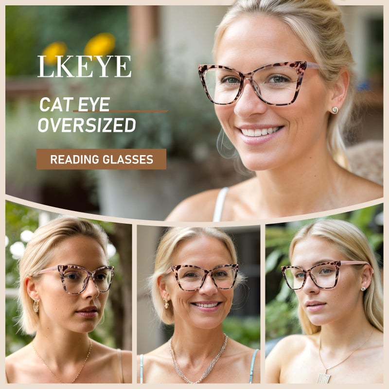 Lkeye Oversized Reading Glasses Women Cat Eye Computer Blue Light Blocking Reader Stylish Ladies Designer Fashion Large Unbreakable Eyewear 2Pack Champagne Tortoise Pink Lk6042 1.0+ Strength - Image 2