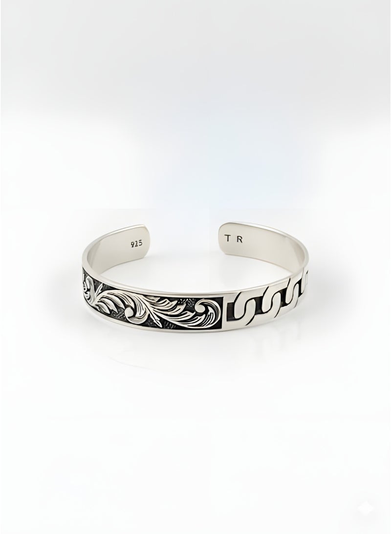 FINE SILVER 925 Sterling Silver Men's Cuff Bracelet with Floral Engraving and Curb Link Design - Image 1