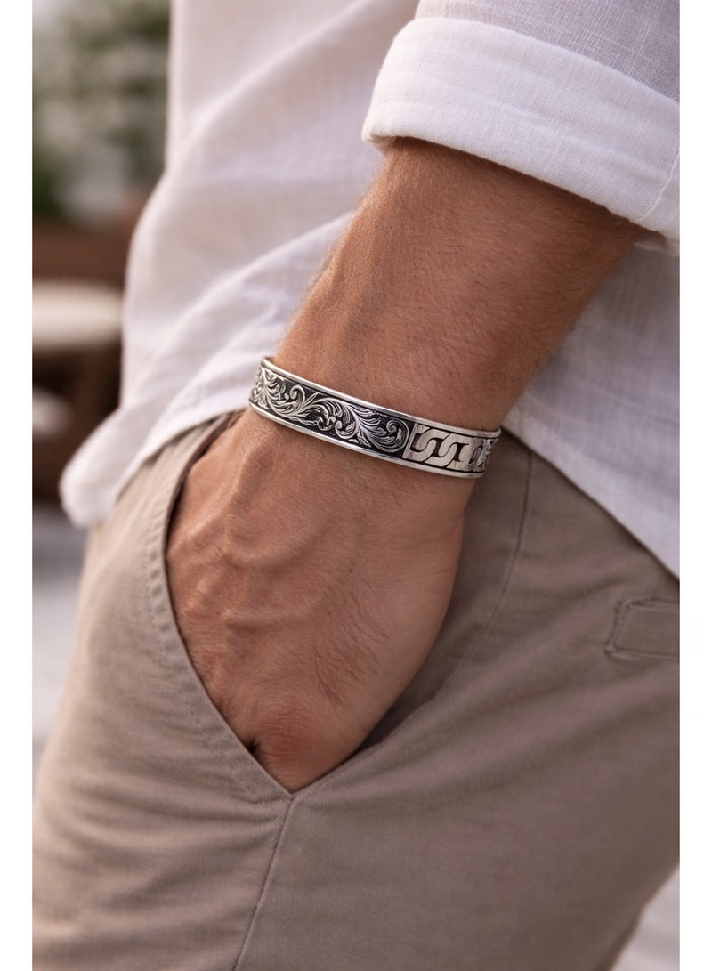 FINE SILVER 925 Sterling Silver Men's Cuff Bracelet with Floral Engraving and Curb Link Design - Image 4