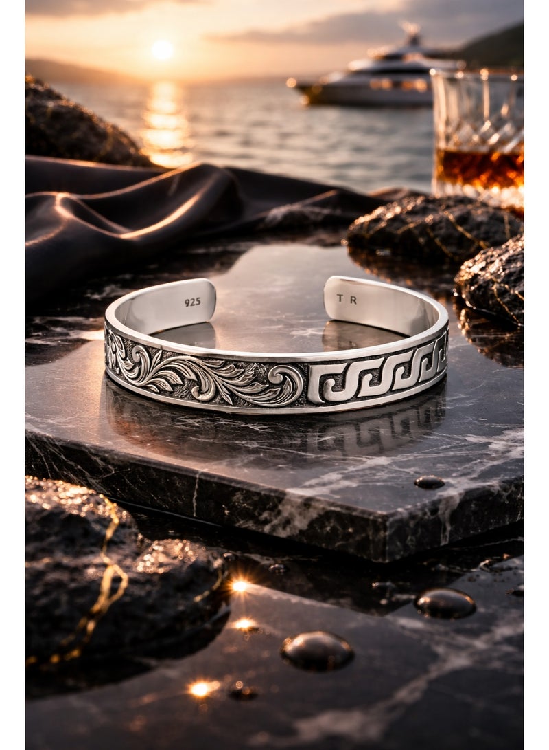 FINE SILVER 925 Sterling Silver Men's Cuff Bracelet with Floral Engraving and Curb Link Design - Image 3