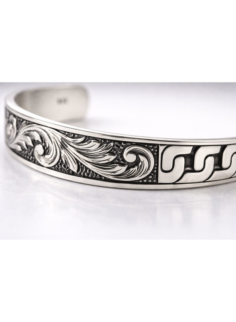 FINE SILVER 925 Sterling Silver Men's Cuff Bracelet with Floral Engraving and Curb Link Design - Image 2