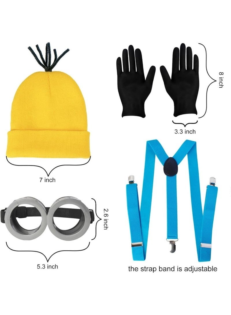 مجموعة إكسسوارات زيّ المينيونز (4 قطع)، إكسسوارات زيّ للكبار، قبعة صوفية صفراء، نظارات واقية، قفازات، وحمالات، مثالية لأزياء التنكر. - Image 2