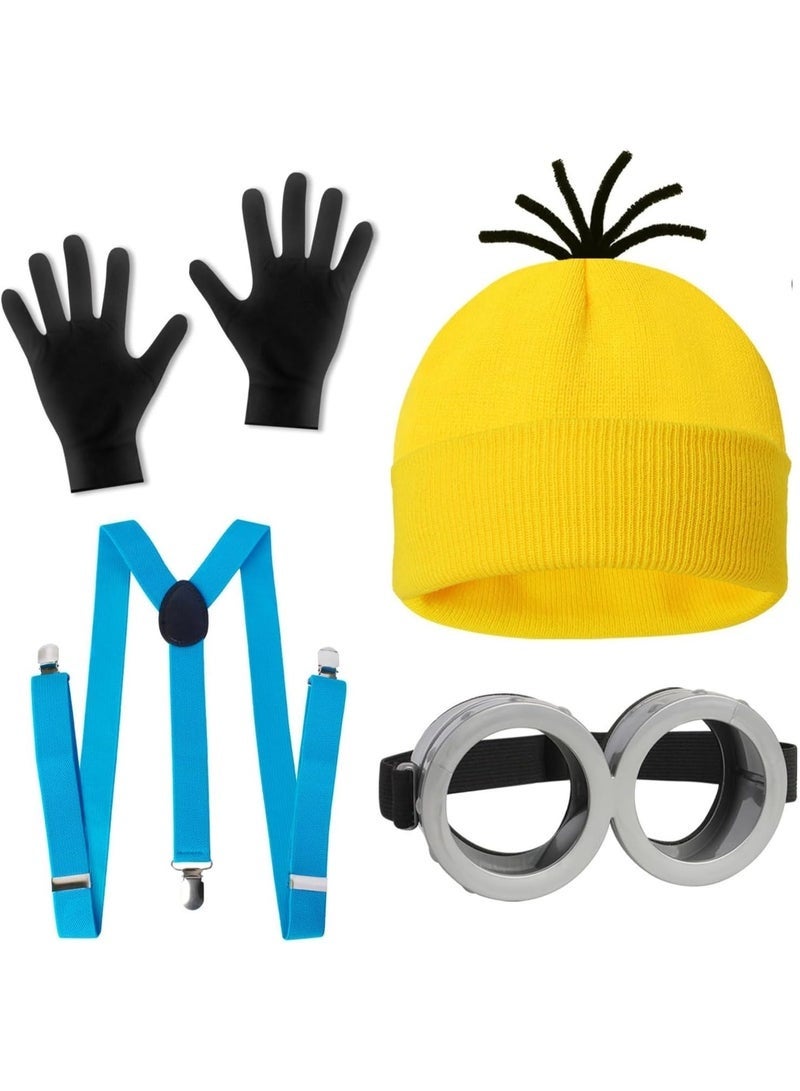 مجموعة إكسسوارات زيّ المينيونز (4 قطع)، إكسسوارات زيّ للكبار، قبعة صوفية صفراء، نظارات واقية، قفازات، وحمالات، مثالية لأزياء التنكر. - Image 1