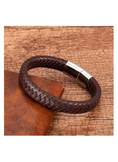 MARIO DRAFTS Men's Braided Leather Bracelet, Brown with Silver Magnetic Clasp  - Image 1